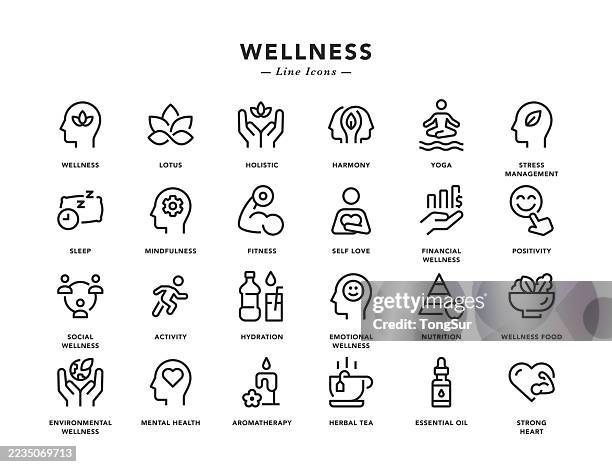 ilustraciones, imágenes clip art, dibujos animados e iconos de stock de wellness - line icons - mentalidad