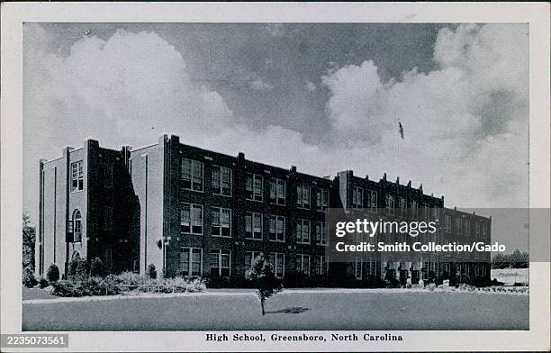 Postcard of the high school building in Greensboro, North Carolina, United States, 1945.