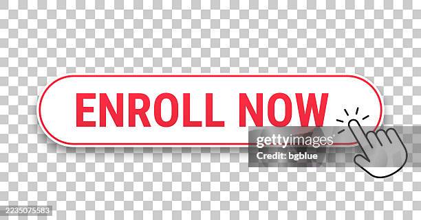 enroll now - 3d click web button with hand cursor on blank background - knob stock illustrations