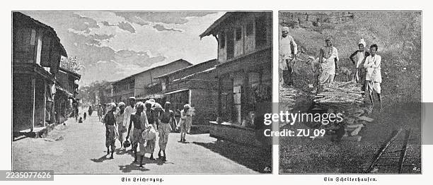 a cremation in mumbai, india, halftone prints, published in 1897 - cremation stock illustrations