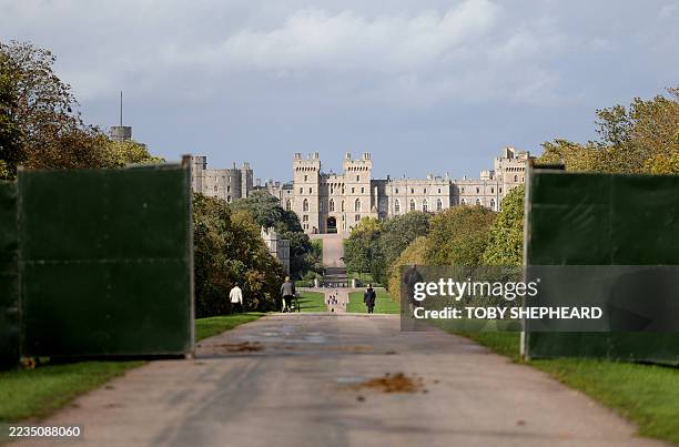 Security barriers are pictured on the grounds of Windsor Castle ahead of a state visit by the US President and his wife, in Windsor, west of London,...