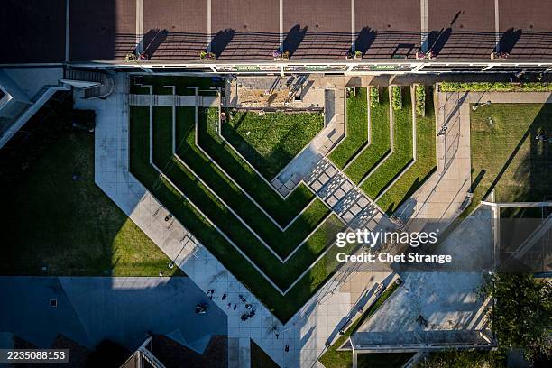 In this aerial view, the Utah Valley University courtyard where political activist Charlie Kirk was shot, on September 15, 2025 in Orem, Utah. Tyler...