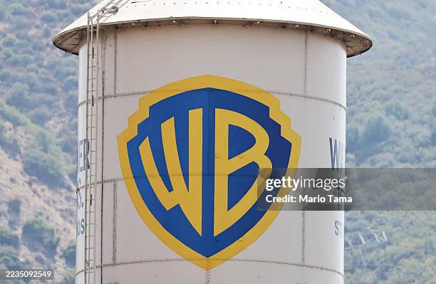 The Warner Bros. Logo is displayed on a water tower at Warner Bros. Studio on September 12, 2025 in Burbank, California. Media giant Paramount...