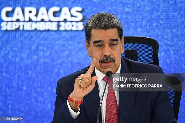 Venezuela's President Nicolas Maduro speaks during a press conference with international media at Hotel Eurobuilding in Caracas on September 15, 2025.