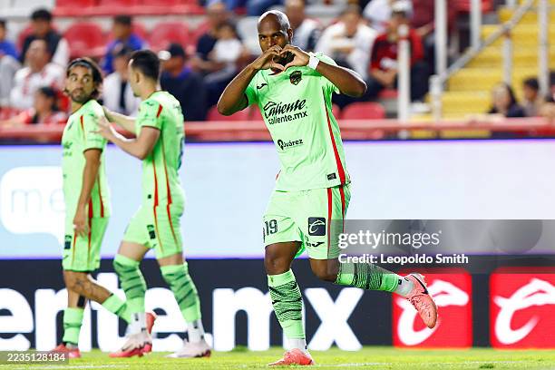 Oscar Estupiñan of FC Juarez celebrates after scoring his team's first goal during the 8th round match between Necaxa and FC Juarez as part of the...