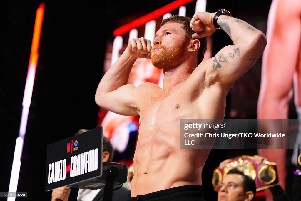 Canelo Build Canelo Alvarez poses on the scale during the Canelo v Crawford... News ...