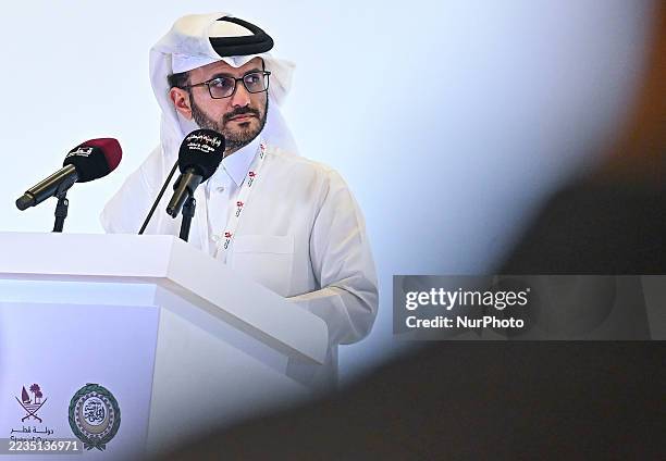 Qatar's Foreign Ministry spokesperson Majed al-Ansari speaks at a press conference after the emergency Arab-Islamic summit to discuss the Israeli...