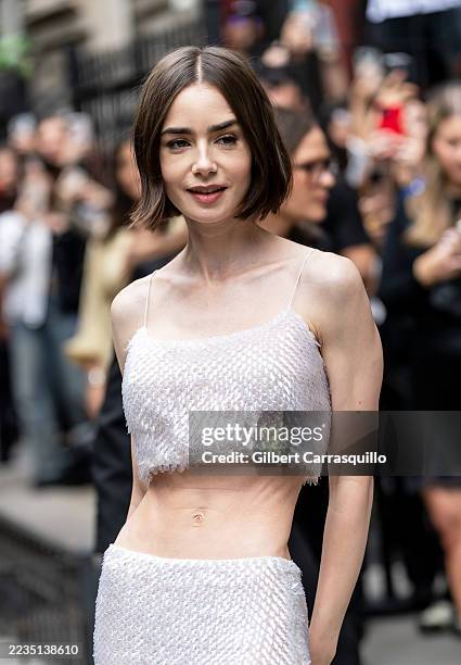 Actor Lily Collins is seen arriving at the Calvin Klein fashion show during New York Fashion Week at the Brant Foundation on September 12, 2025 in...