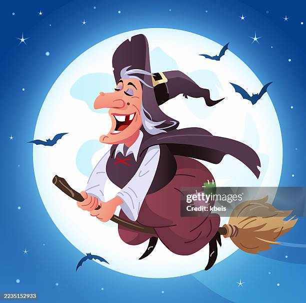 happy witch flying on a broomstick against a full moon - witch stock illustrations