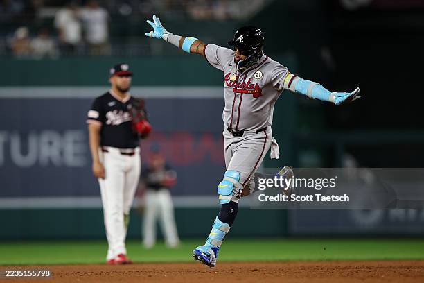 Ronald Acuña Jr. #13 of the Atlanta Braves rounds the bases after hitting a home run against the Washington Nationals during the ninth inning at...