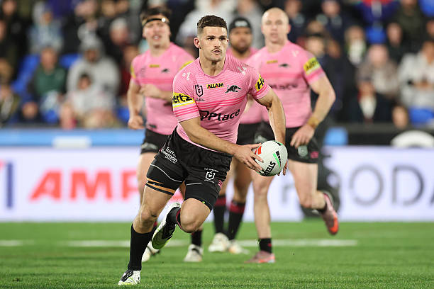 Nathan Cleary of the Panthers passes the ball during the NRL Elimination Final match between the New Zealand Warriors and Penrith Panthers at Go...