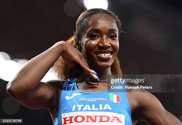 Zaynab Dosso of Team Italy celebrates during the Women's 100 Metres Heats on day one of the World Athletics Championships Tokyo 2025 at National...