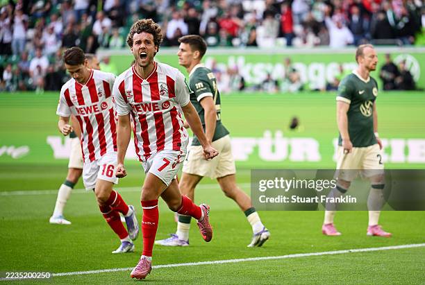 Gian-Luca Waldschmift of 1.FC Koln celebrates scoring his team's first goal during the Bundesliga match between VfL Wolfsburg and 1. FC Köln at...