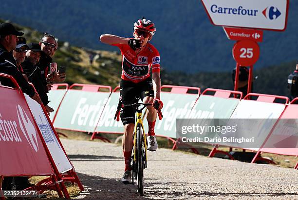 Jonas Vingegaard of Denmark and Team Visma | Lease a Bike - Red Leader Jersey celebrates at finish line as stage winner during the La Vuelta - 80th...