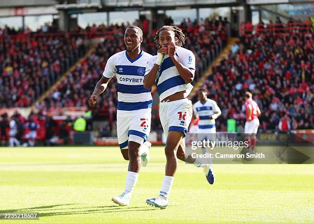 Rumarn Burrell of Queens Park Rangers celebrates after scoring their team's third goal during the Sky Bet Championship match between Wrexham AFC and...