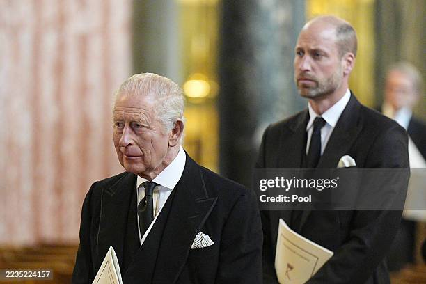 King Charles III and William, Prince of Wales leave Westminster Cathedral on September 16, 2025 in London, England. Katharine, Duchess of Kent was...