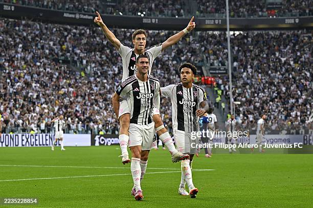 Kenan Yildiz of Juventus celebrates after scoring his team's second goal with teammates Dusan Vlahovic and Weston McKennie during the Serie A match...