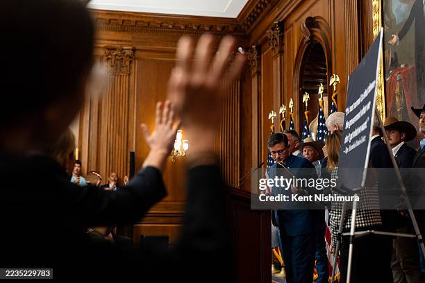 Speaker of the House Mike Johnson takes questions from members of the press at the U.S. Capitol on September 16, 2025 in Washington, DC. House...