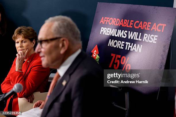 Poster reads "Affordable Care Act Premiums Will Rise More Than 75%" as Senate Minority Leader Chuck Schumer , accompanied by Sen. Jeanne Shaheen ,...