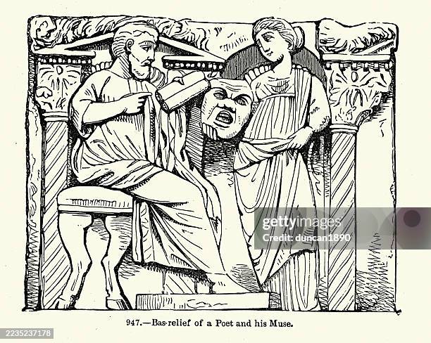 ancient roman art, bas-relief, poet and his muse, vintage illustration - poet stock illustrations