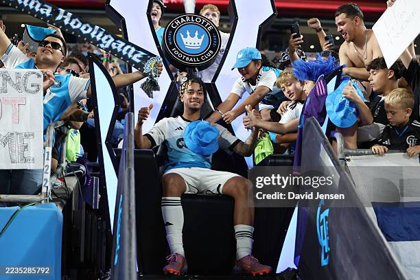 Liel Abada of Charlotte FC celebrates with fans after being named player of the match following the MLS match between Charlotte FC and Inter Miami CF...