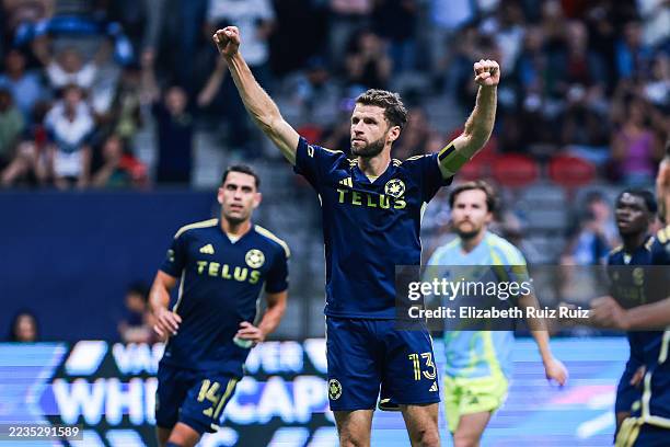 Thomas Muller celebrates after scoring a goal during the match between the Vancouver Whitecaps FC and the Philadelphia Union at BC Place on September...