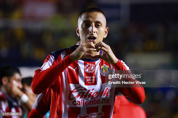 Roberto Alvarado of Chivas celebrates scoring his team's first goal during the 8th round match between America and Chivas as part of the Torneo...
