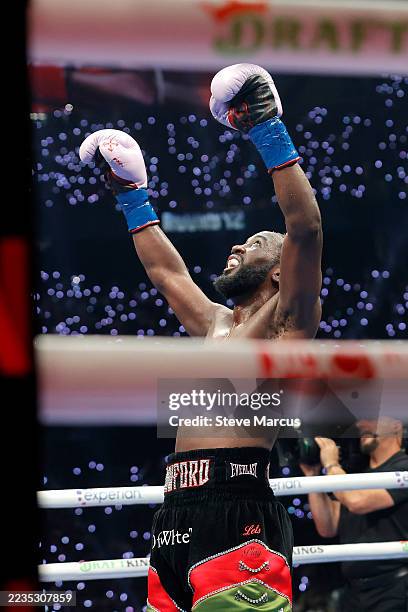 Terence Crawford reacts after the final bell against Canelo Alvarez in their undisputed super middleweight title fight during Netflix's Canelo v...