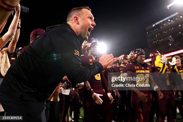 Head coach Kenny Dillingham of the Arizona State Sun Devils celebrates after defeating the Texas State Bobcats 34-15 at Mountain America Stadium on...