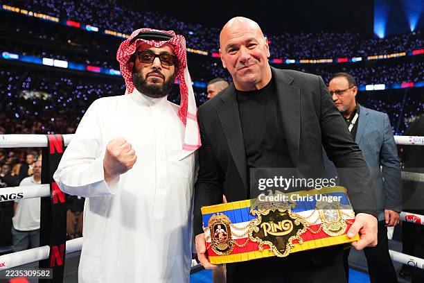 His Excellency Turki Al-Sheikh poses with UFC President Dana White during the Undisputed & Ring Magazine Super Middleweight Championship at Allegiant...