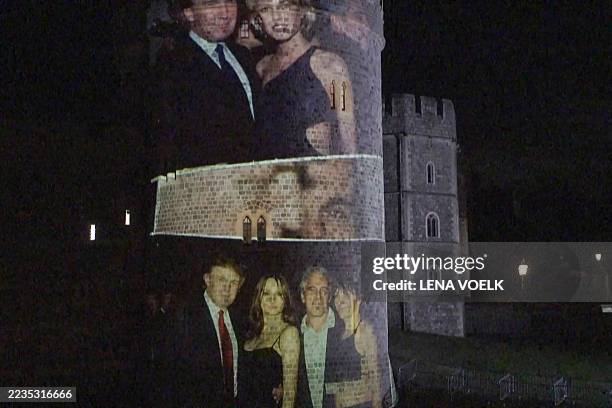 This frame grab made on September 17, 2025 from an AFP video footage dated from September 16, 2025 shows pictures projected onto a tower of the...