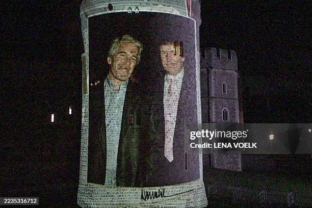 This frame grab made on September 17, 2025 from an AFP video footage dated from September 16, 2025 shows an image projected onto a tower of the...