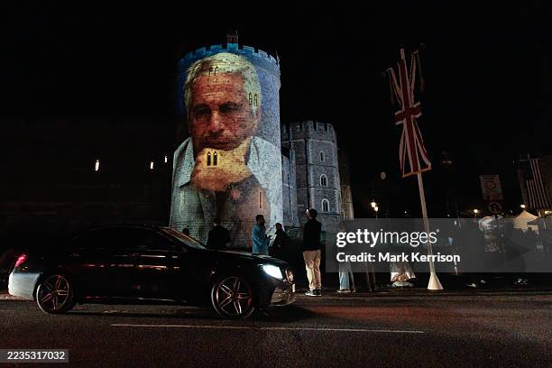 Political campaign group Led By Donkeys project an image of convicted paedophile Jeffrey Epstein onto Windsor Castle as US President Donald Trump's...