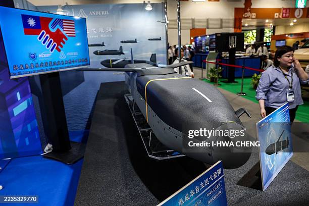 The Barracuda-500, a low-cost autonomous cruise missile jointly developed by NCSIST and US company Anduril, is displayed during the Taipei Aerospace...