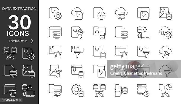 data extraction line vector icon set. pixel perfect. editable stroke. stock illustration. icon symbol, process, transform, analysis - computer file transfer stock illustrations