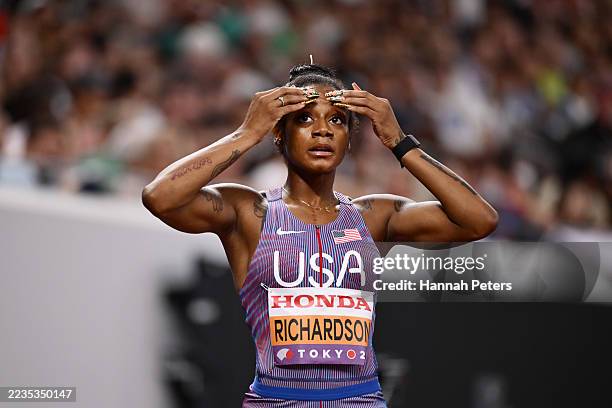 Sha'Carri Richardson of Team United States looks on after failing to qualify for the Final during the Women's 100 Metres Semi-Finals on day two of...