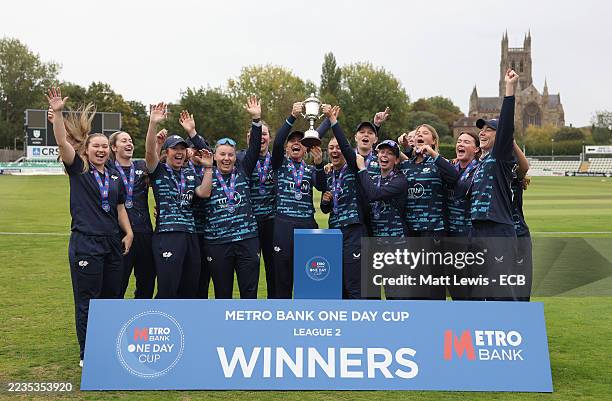Yorkshire celebrate winning the Metro Bank One Day Cup League 2 Final match between Glamorgan Women and Yorkshire Women at Visit Worcestershire New...