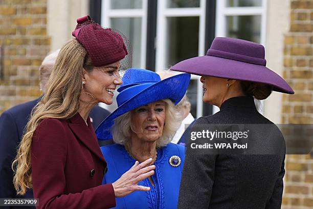 Catherine, Princess of Wales, Queen Camilla and First Lady Melania Trump arrive for a state visit at Windsor Castle on September 17, 2025 in Windsor,...