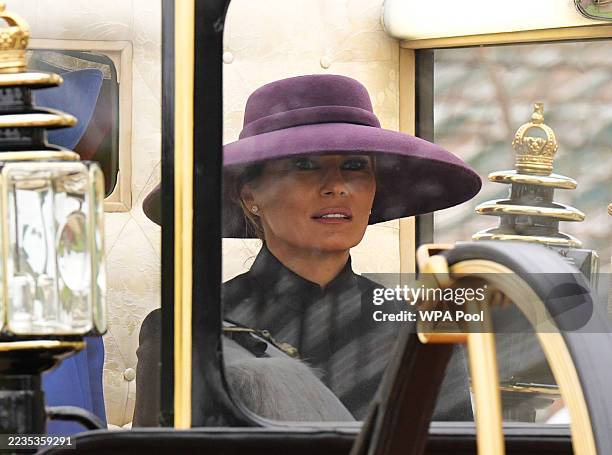 First Lady Melania Trump during a carriage procession through the Windsor Estate at Windsor Castle during US President Donald Trump's second state...