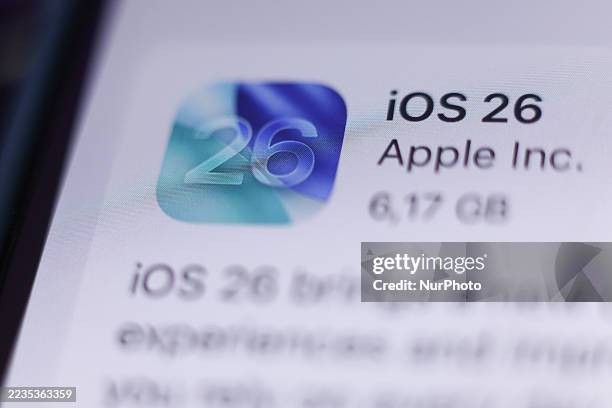 IOS 26 update displayed on a phone screen is seen in this illustration photo taken in Krakow, Poland on September 17, 2025.
