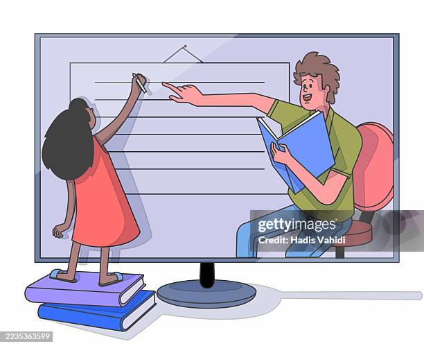 child learning online with teacher on screen - window screen stock illustrations