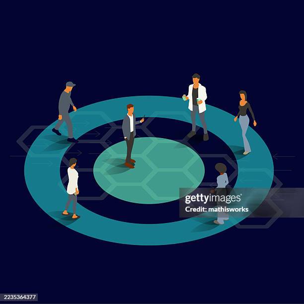 ilustraciones, imágenes clip art, dibujos animados e iconos de stock de personal sanitario en un objetivo - en el centro