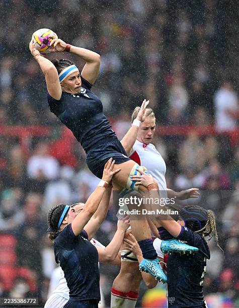 Rachel Malcolm of Scotland catches the ball in a lineout during the Women's Rugby World Cup 2025 Quarter Final match between England and Scotland at...