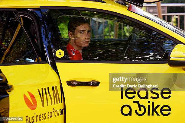 Jonas Vingegaard of Denmark and Team Visma | Lease a Bike - Red Leader Jersey and the peloton is at a standstill due to the pro-Palestinian protests...