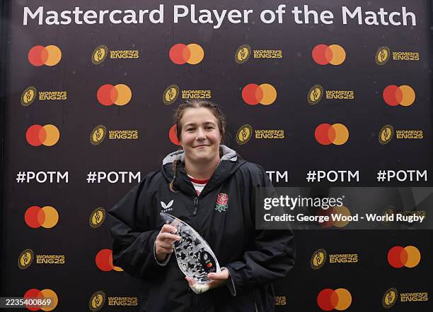 Morwenna Talling of England is presented with the Mastercard Player of the Match award during the Women's Rugby World Cup 2025 Quarter Final match...