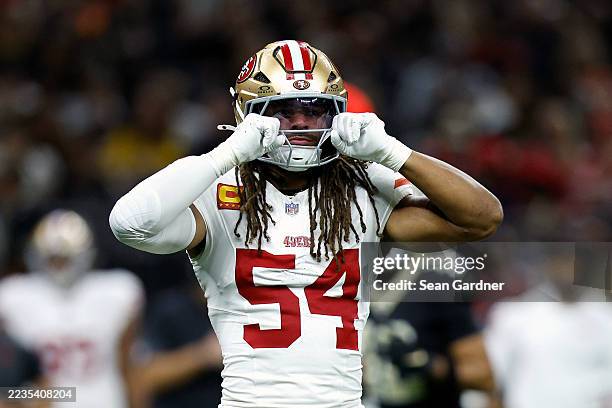 Fred Warner of the San Francisco 49ers reacts against the New Orleans Saints during the first half in the game at Caesars Superdome on September 14,...
