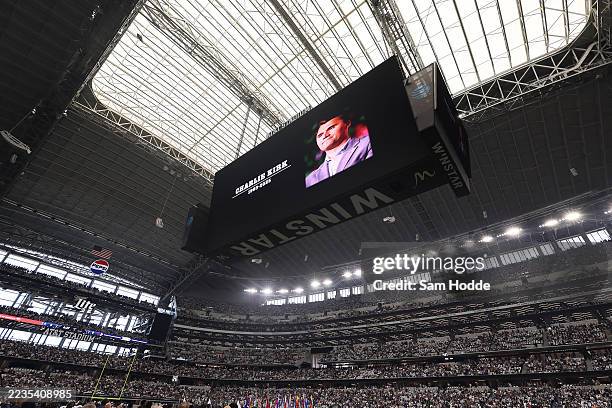 General view inside the stadium during a moment of silence for Charlie Kirk prior to the game between the New York Giants and the Dallas Cowboys at...