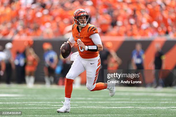 Jake Browning of the Cincinnati Bengals looks to pass during the game against the Jacksonville Jaguars at Paycor Stadium on September 14, 2025 in...