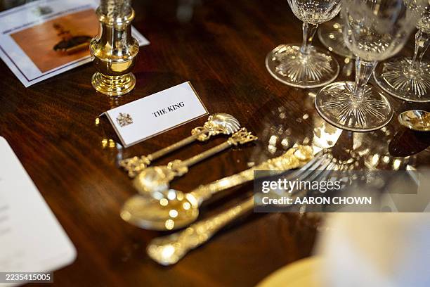 The place setting for Britain's King Charles III is pictured at the banquet table in St George's Hall where US President Donald Trump and US First...