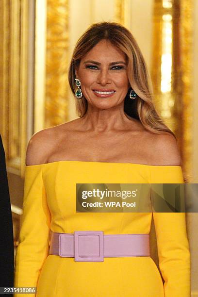First Lady Melania Trump arrives for the State Banquet hosted by King Charles III and members of the Royal Family at Windsor Castle during the state...